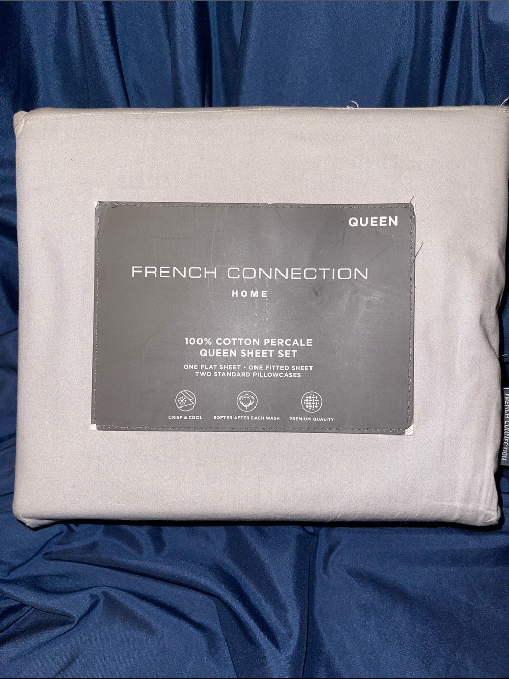 French Connection 100% Cotton Percale Queen Sheet Set - Light Gray